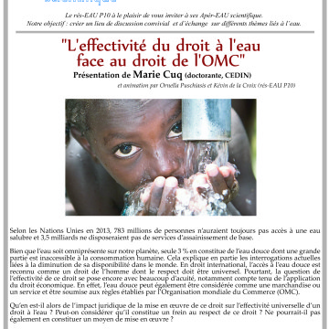 3éme apér-EAU scientifique : « L’effectivité du droit à l’eau face au droit de l’OMC », présentation de Marie Cuq (CEDIN), le lundi 3 juin 2013 à 17h30