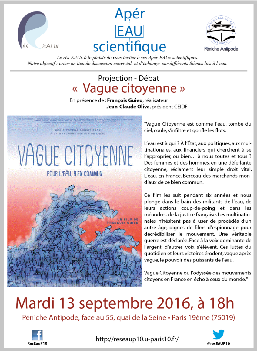 7ème Apèr-EAU scientifique : Projection « Vague Citoyenne », mardi 13 septembre 2016 à 18h
