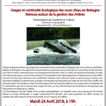 1er ApérEAU de l’Ouest ! C. Le Calvez – « Usages et continuité écologique des cours d’eau en Bretagne » – 24/04 – à Rennes