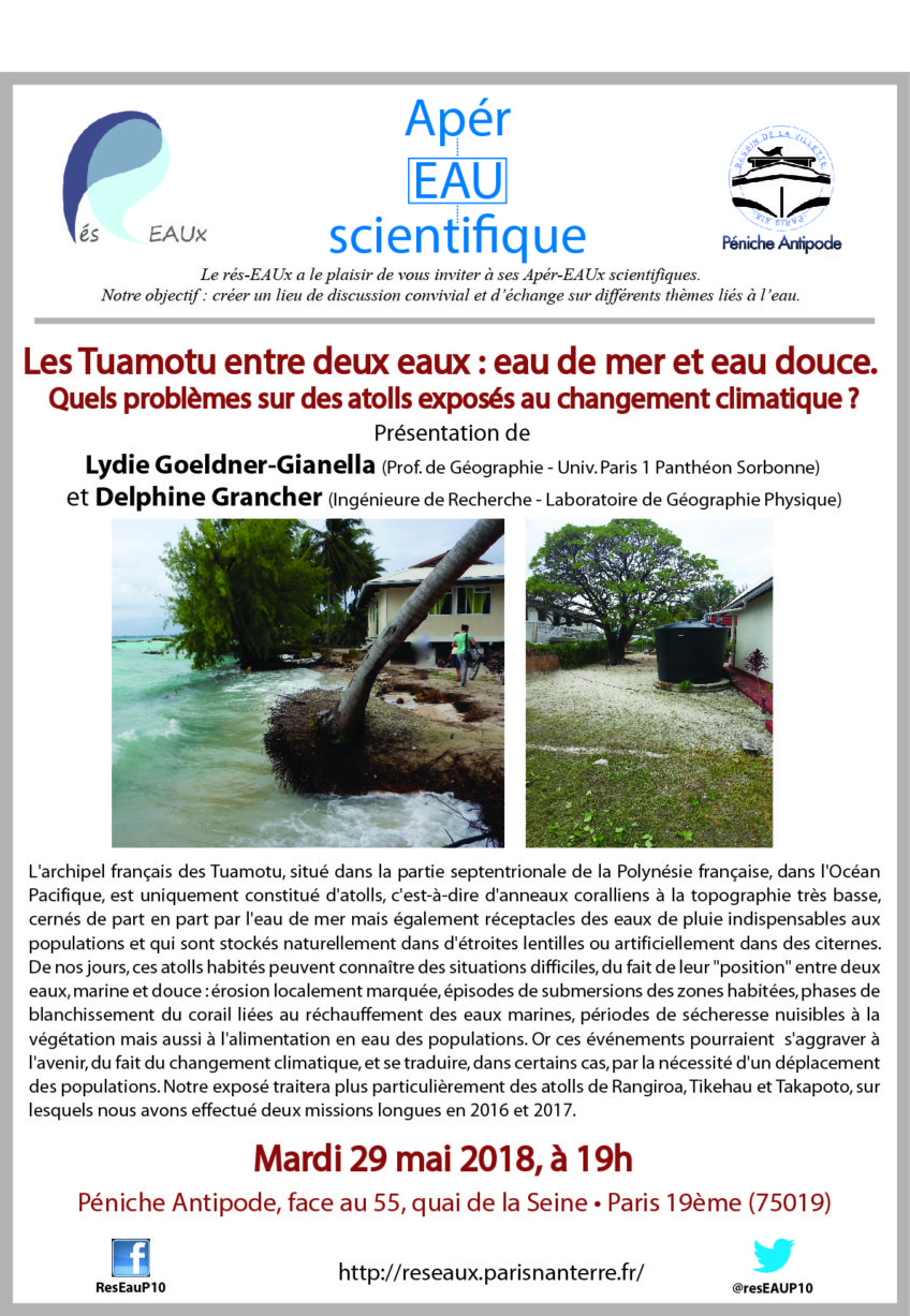 8e Apér-Eau scientifique : « Les Tuamotu entre deux eaux » – Lydie Goeldner-Gianella et Delphine Grancher – 29 mai 2018