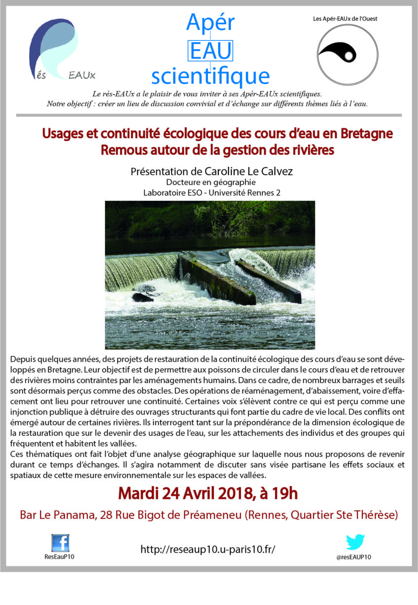 1er ApérEAU de l’Ouest ! C. Le Calvez – « Usages et continuité écologique des cours d’eau en Bretagne » – 24/04 – à Rennes